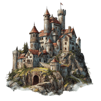 A majestic castle perched on a rocky hilltop png