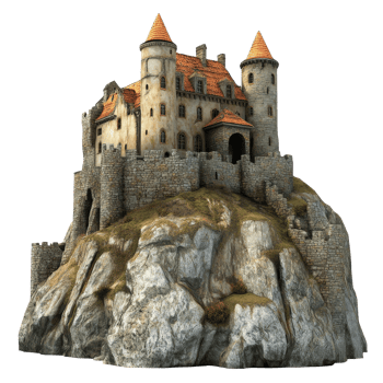 A medieval castle perched on a rocky hilltop png