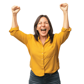 Happy woman celebrating success with raised fists png
