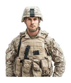 Military service member in tactical gear outdoors png