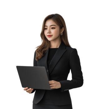 Businesswoman in black suit working on laptop png