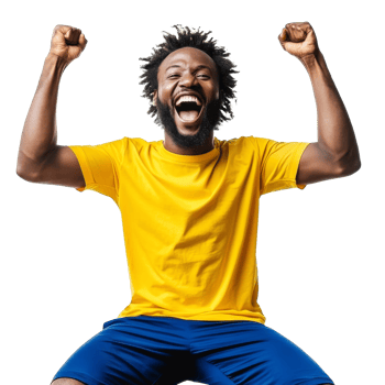 Cheerful man celebrating victory in yellow shirt png