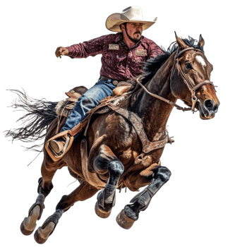 Cowboy riding a horse at high speed in an arena png