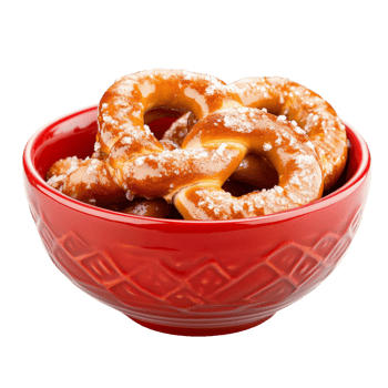 Soft pretzels in a red bowl on a kitchen table png
