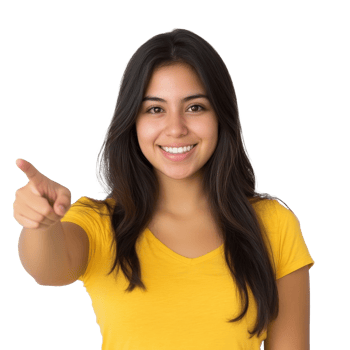 Smiling woman pointing in bright studio png