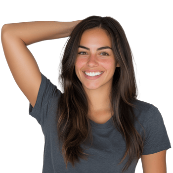 Young woman smiling with her hand on her head png