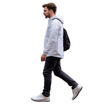 Young man walking in casual attire with backpack png
