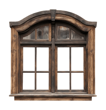 Rustic wooden window frame with arched top design png