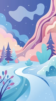 Abstract winter background with fluid organic shapes and snowflakes, pastel colors with copy space vector