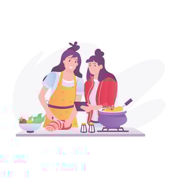 Mother cooking with her daughter, flat style illustration vector