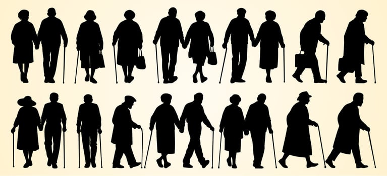 Silhouettes of elderly people walking with canes, portraying companionship and aging. vector
