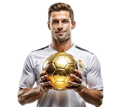 Soccer player holding golden ball on transparent background png