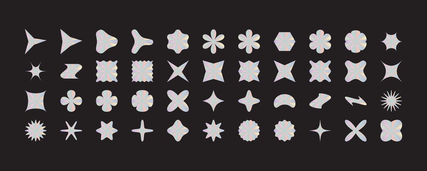 Big set of holographic abstract geometric shapes isolated on black background. vector