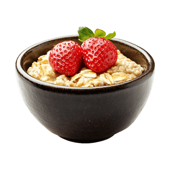 A bowl of oatmeal with two strawberries in it png