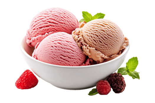 Three scoops of ice cream in a bowl with berries png