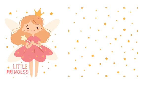 A set of prints for printing on children's products. Cute fairy princess with magic wand on white background, seamless pattern of stars on white background vector