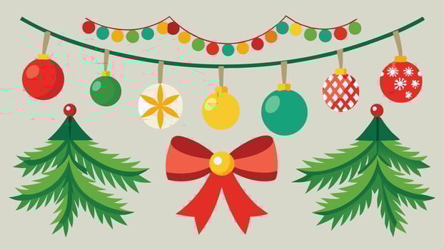 Colorful holiday decorations featuring Christmas trees, ornaments, and garlands set against a light blue background, creating a festive atmosphere for the winter season vector