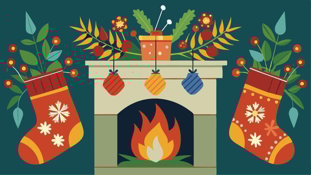 Colorful festive stockings hang above a warm fireplace decorated with flowers and plants during a cheerful holiday gathering vector