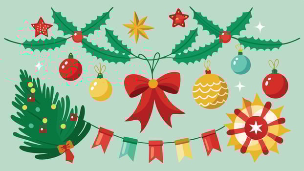 Colorful holiday decorations featuring garlands, ornaments, and a bow designed for festive celebrations during the winter season vector