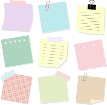 Set of Note Paper Sheet with Binder Clip and Adhesive Tape. Post It Memo vector