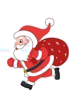 Cute Santa Claus running with a sack of presents. Santa delivers presents on Christmas. Isolated on white background. vector