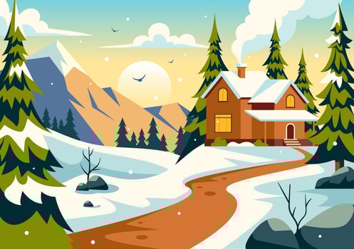 Charming Snowy Mountain Village with Winter Scenery and Cozy Houses in Cartoon Style vector