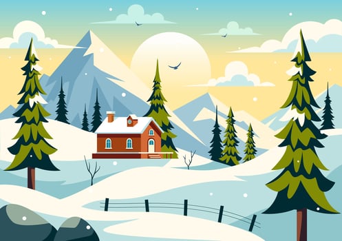 Snowy Village Scene Illustration with Cozy Houses and Mountain Views in Flat Cartoon Style vector