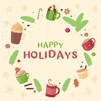 Festive frame of cute mugs with hot cocoa, coffee, chocolate, whipped cream, marshmallows and sweets. Happy holidays. vector