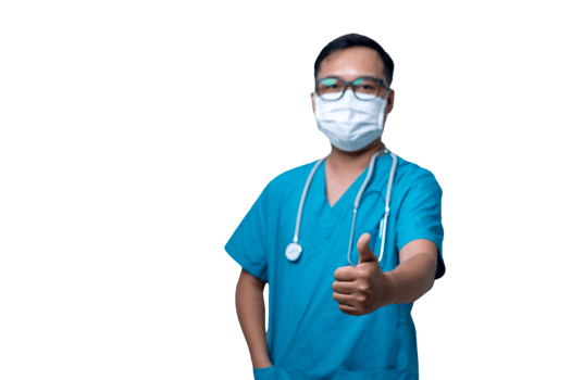 A doctor in a blue scrubs shirt is giving a thumbs up. transparent background png