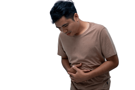 A man with a stomachache is wearing a brown shirt. transparent background png