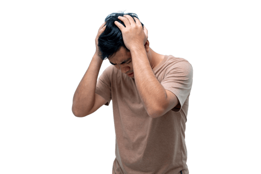 A man in a brown shirt puts his hand on his head because of a headache. Transparent background . png