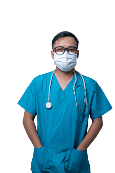 A man in a blue scrubs is wearing a mask and holding a stethoscope. transparent background png