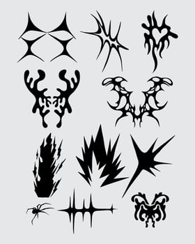 Abstract fire flame tribal symbol clip art acid y2k brutalist streetwear design collection ink tattoo isolated editable vector