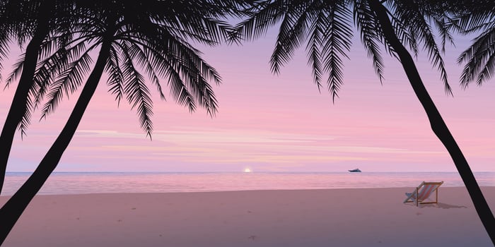 Minimalist sunset seascape with silhouetted palm trees, beach chair and twilight sky background graphic illustration have blank space. vector