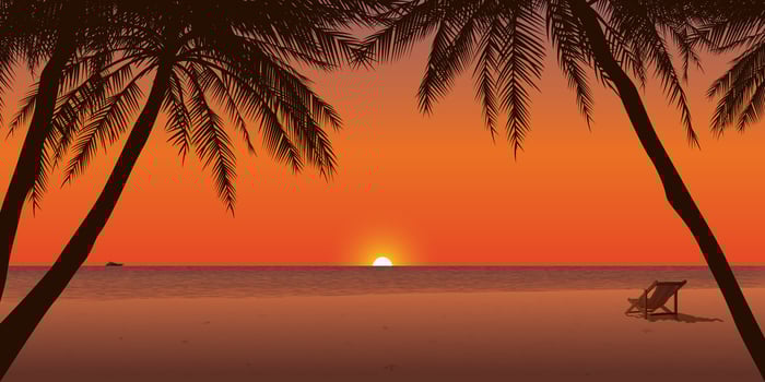 Minimalist sunset seascape with silhouetted palm trees, beach chair and twilight sky background graphic illustration have blank space. vector