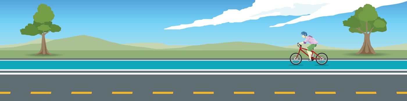 Travels of ride a bike tour with a male cyclist in a casual dance outfit for banner. Asphalt road with bike lens blue color. Background of green meadow and tree under hills and blue sky with clouds. vector