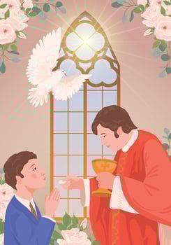 A boy in a suit during the first communion. A priest holds bread, a manifestation of the holy spirit in the form of a white radiant dove. Church member receiving the Eucharist vector