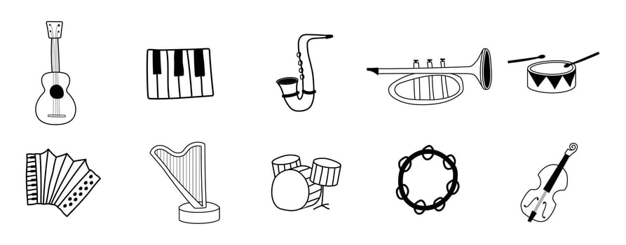 music instrument doodle hand drawing icon bundle, guitar, dkrum, piano, cymball, saxophone vector
