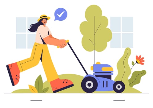 Gardening of Lawn Mower Trimming Grass in Flat Cartoon Background vector