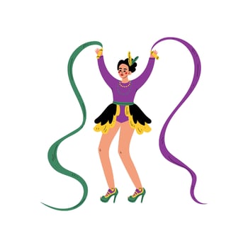 Beautiful Woman in Bright Mardi Gras Costume Celebrating Carnival Party, Girl Dansing with Ribbons Illustration vector