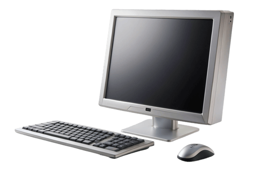 Desktop computer setup with monitor, keyboard, and mouse on a transparent background for office or home use png