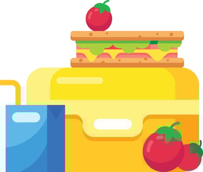 Enjoy a nutritious school lunch with a colorful lunchbox packed with fresh fruits, veggies, sandwich, tomatoes, and juice vector