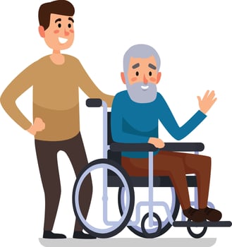 Young male nurse brings joy to senior man in wheelchair with friendly assistance and smiles vector