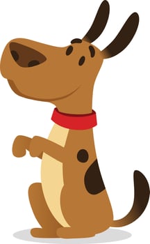 Playful cartoon dog with brown fur and dark spots wearing a red collar sits on hind legs and lifts front paw, conveying happiness and obedience vector