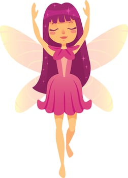 Enchanting cartoon fairy with purple hair and a pink dress gracefully flies in a magical garden, embodying joy and wonder vector