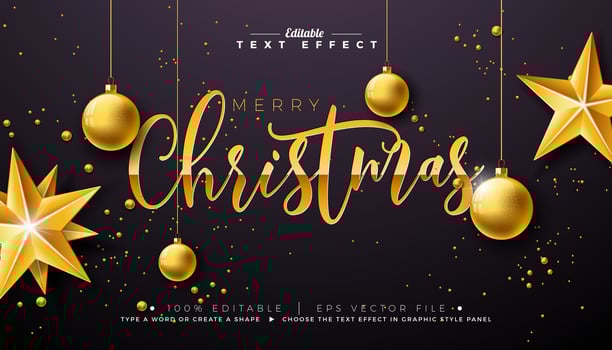 Merry Christmas Text Effect Design. Editable and Scalable Graphic Style Effect with Golden Typography Lettering and Ornaments on Black Background. Winter Holiday Illustration Template for vector
