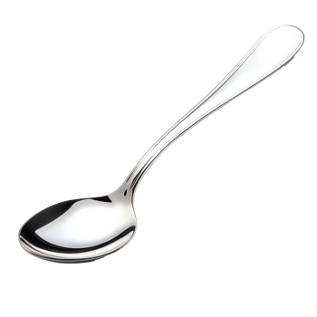 A shiny metal spoon resting on a white background png