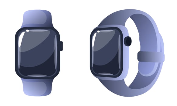 Smart watch illustration isolated on white background. Digital health care device, electronic wristwatch. Fitness tracker for kids and adults with digital display and silicone bracelets. vector
