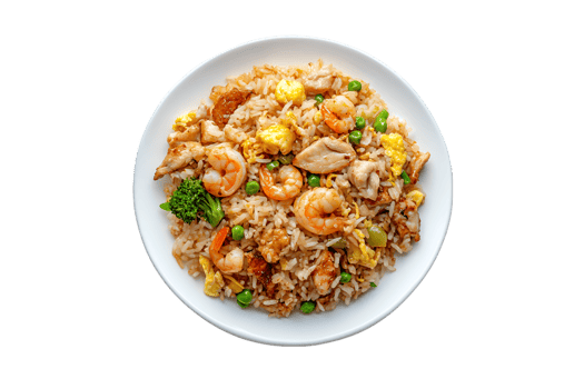 Shrimp and chicken fried rice with vegetables on a plate isolated on a transparent background png