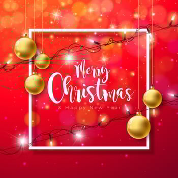 Merry Christmas and Happy New Year Illustration with Gold Glass Ball and Lights Garland on Red Background. Holiday Season Banner Design for Greeting Card, Party Flyer, Celebration Poster and vector